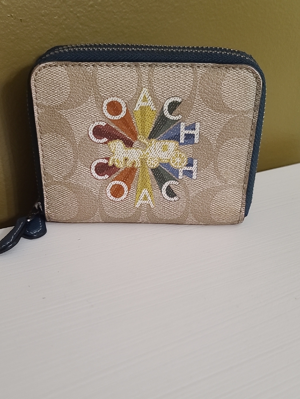 Coach Beige Signature Zip Wallet with Multicolor Logo